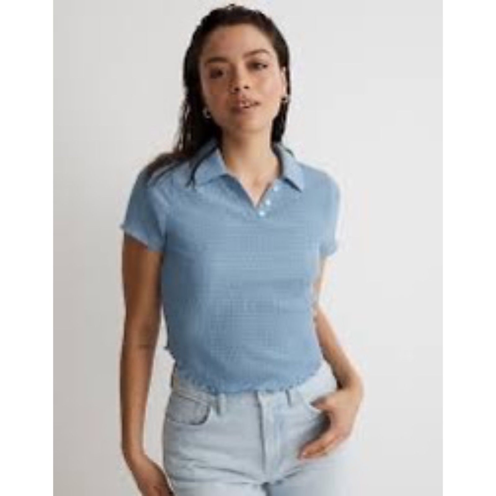 Madewell Crinkle Crop Polo Shirt Short Sleeve Xs Blue Textured